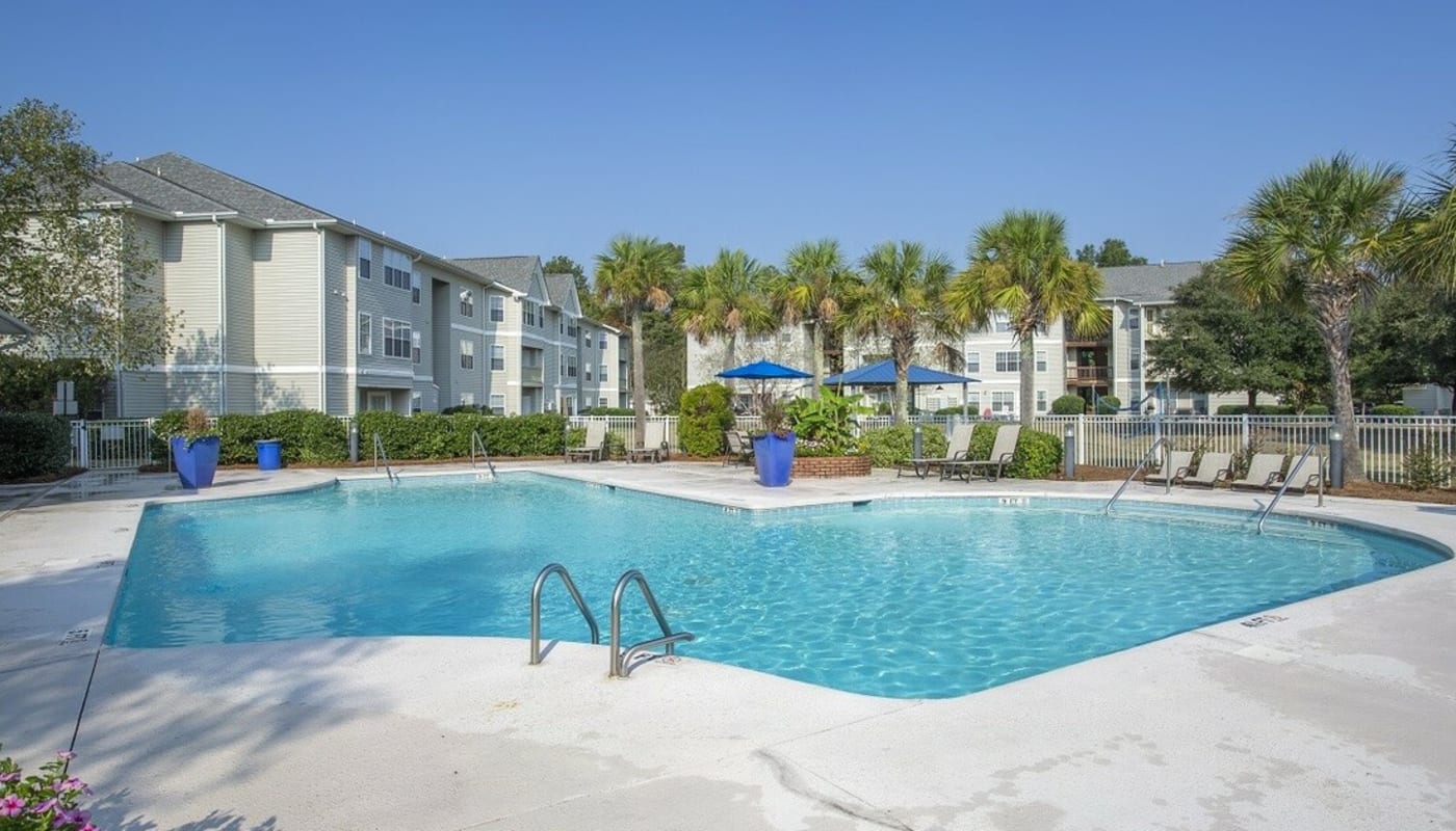 Swimming pool with umbrellas and palm trees