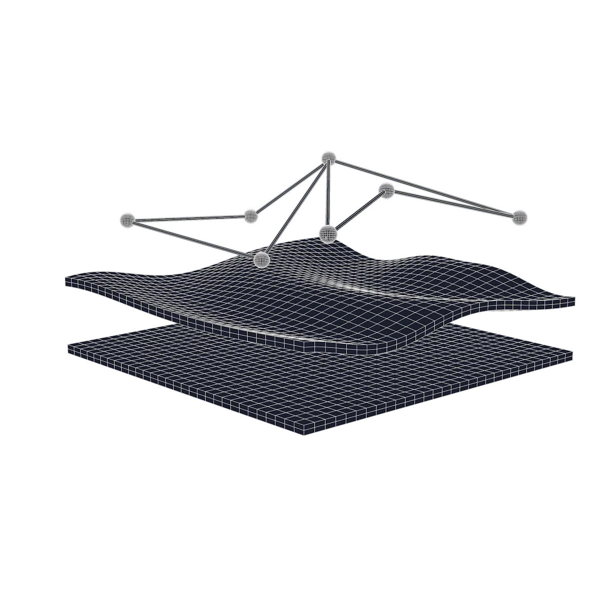3D wireframe model showing a grid base with a wavy surface and nodes connected by lines above it.