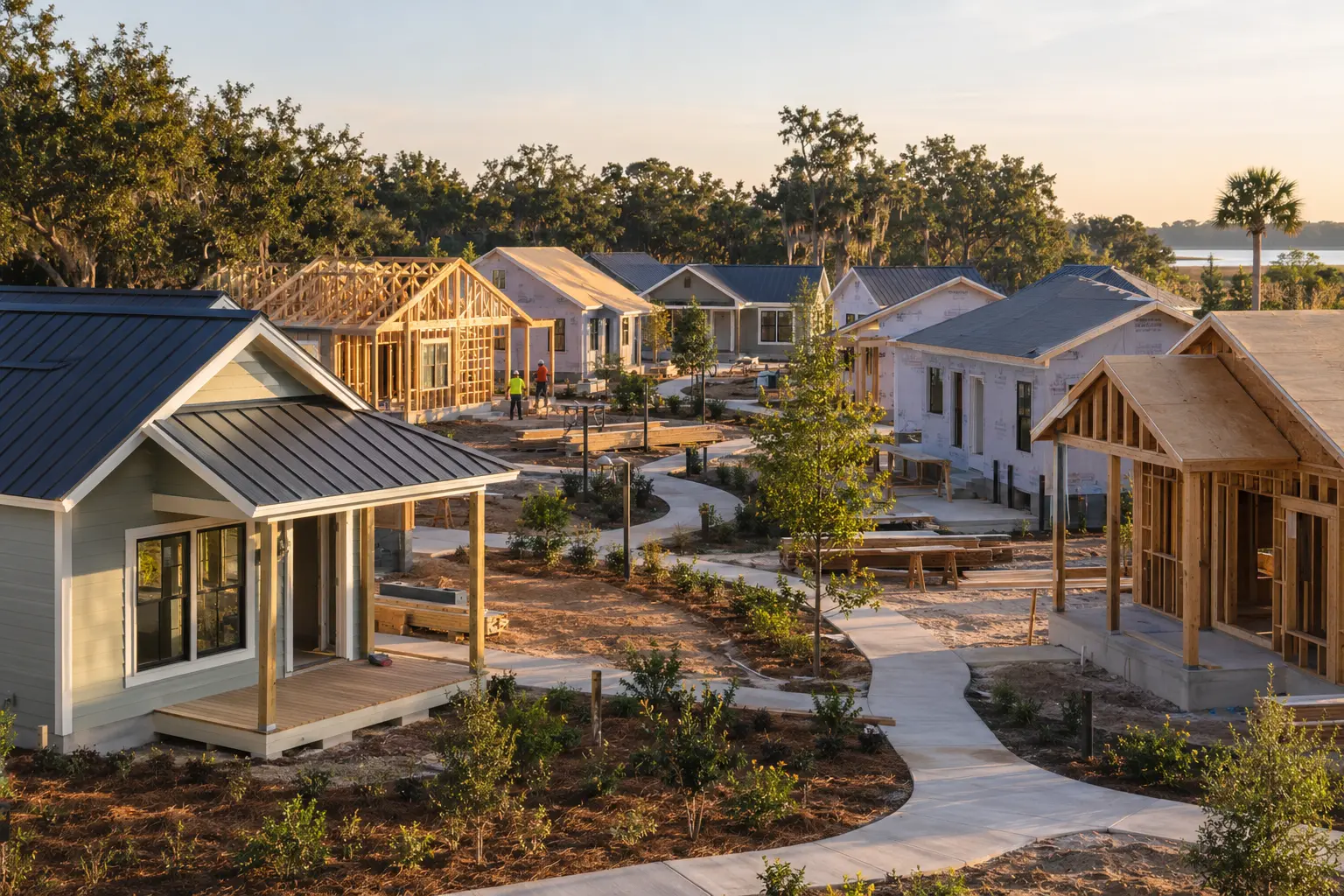 Compact cottage community taking shape with homes at several stages of construction