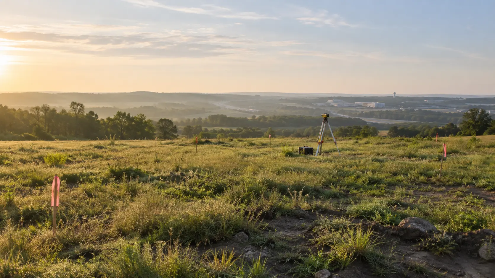 Open land under evaluation with survey stakes and field equipment