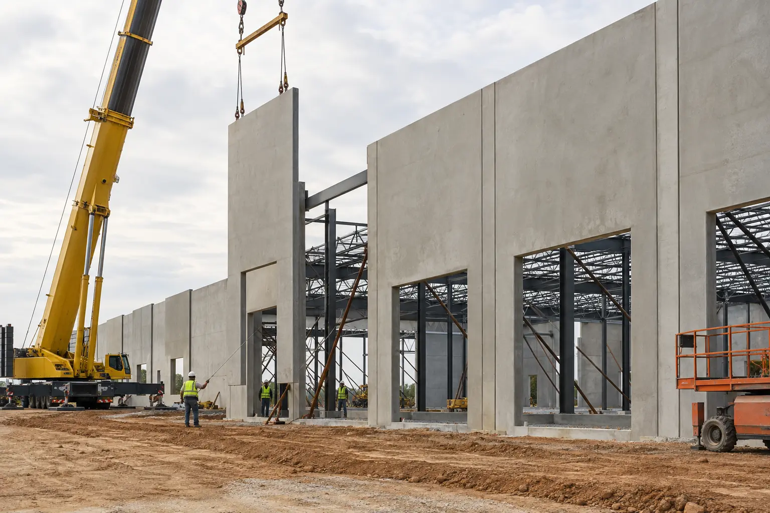 Tilt-up concrete panels being erected at an industrial construction site