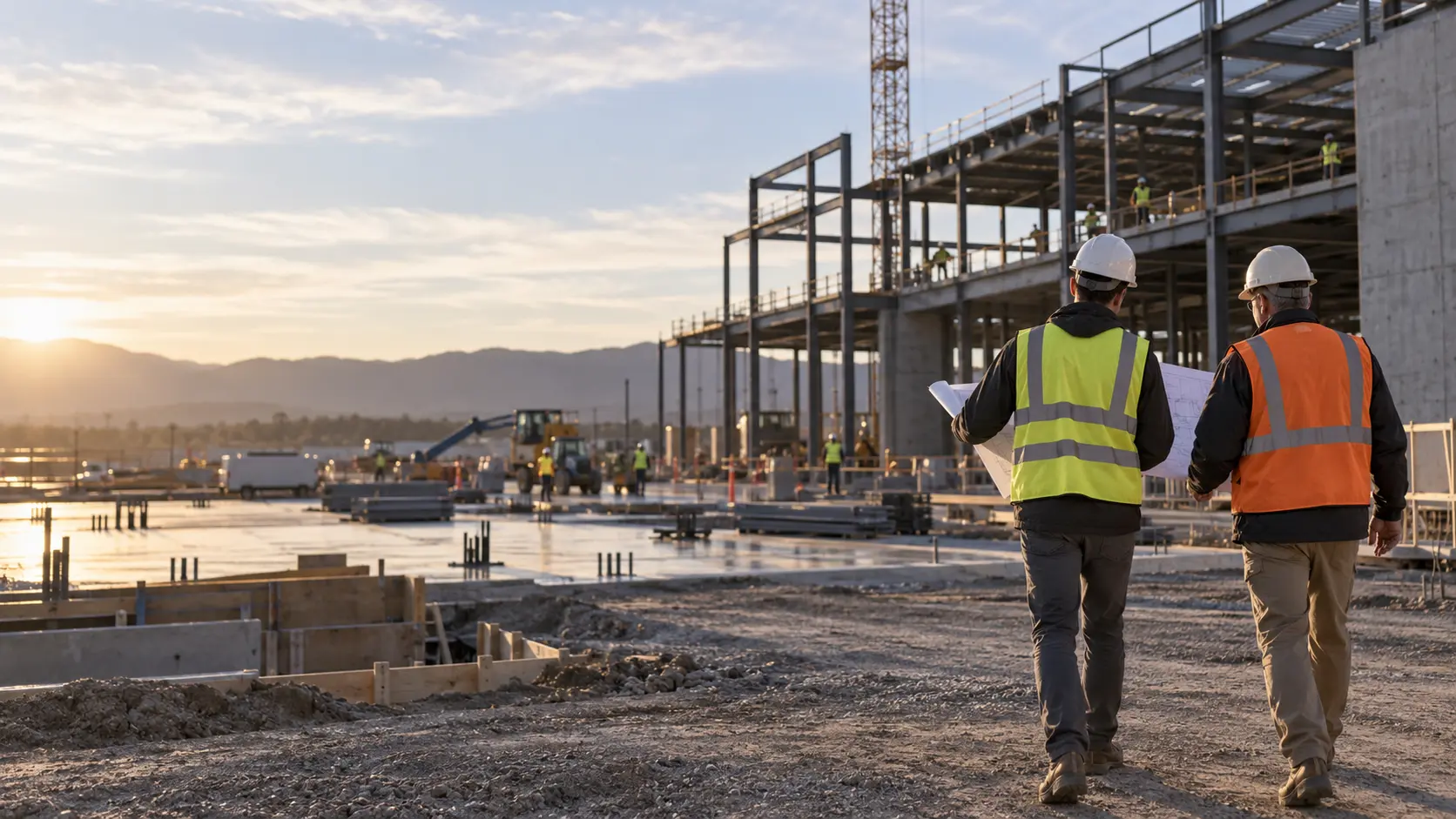 Development leaders reviewing plans during an active construction site walk