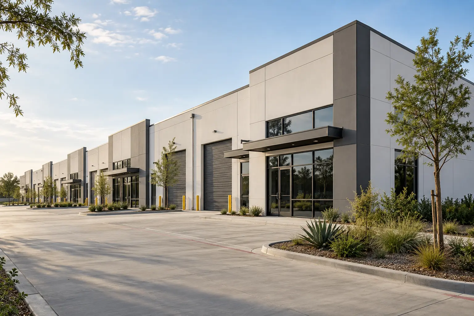 Modern shallow-bay industrial property with landscaped tenant entries