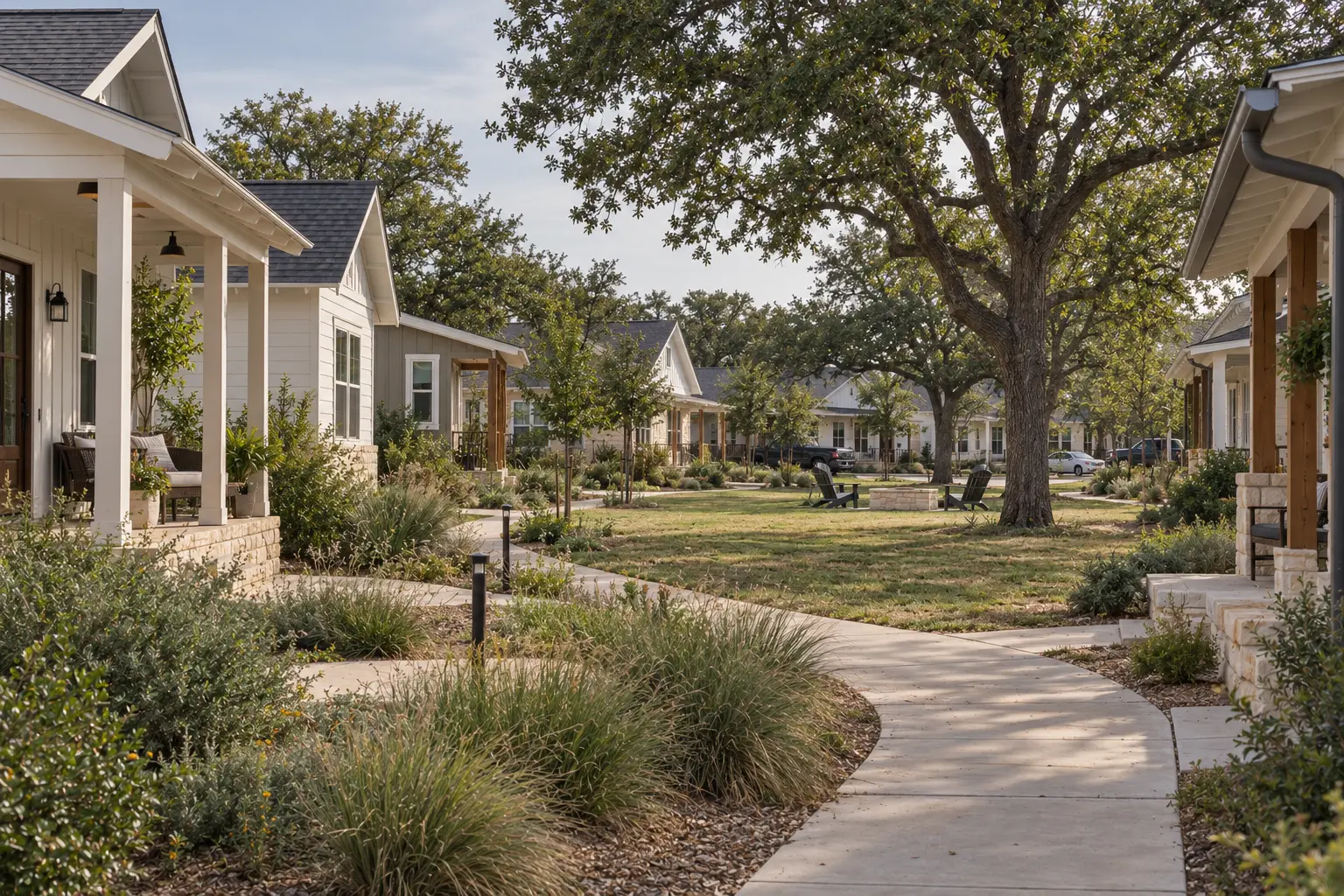 Dallas-area cottage community with mature live oaks, native landscaping, and shared green space
