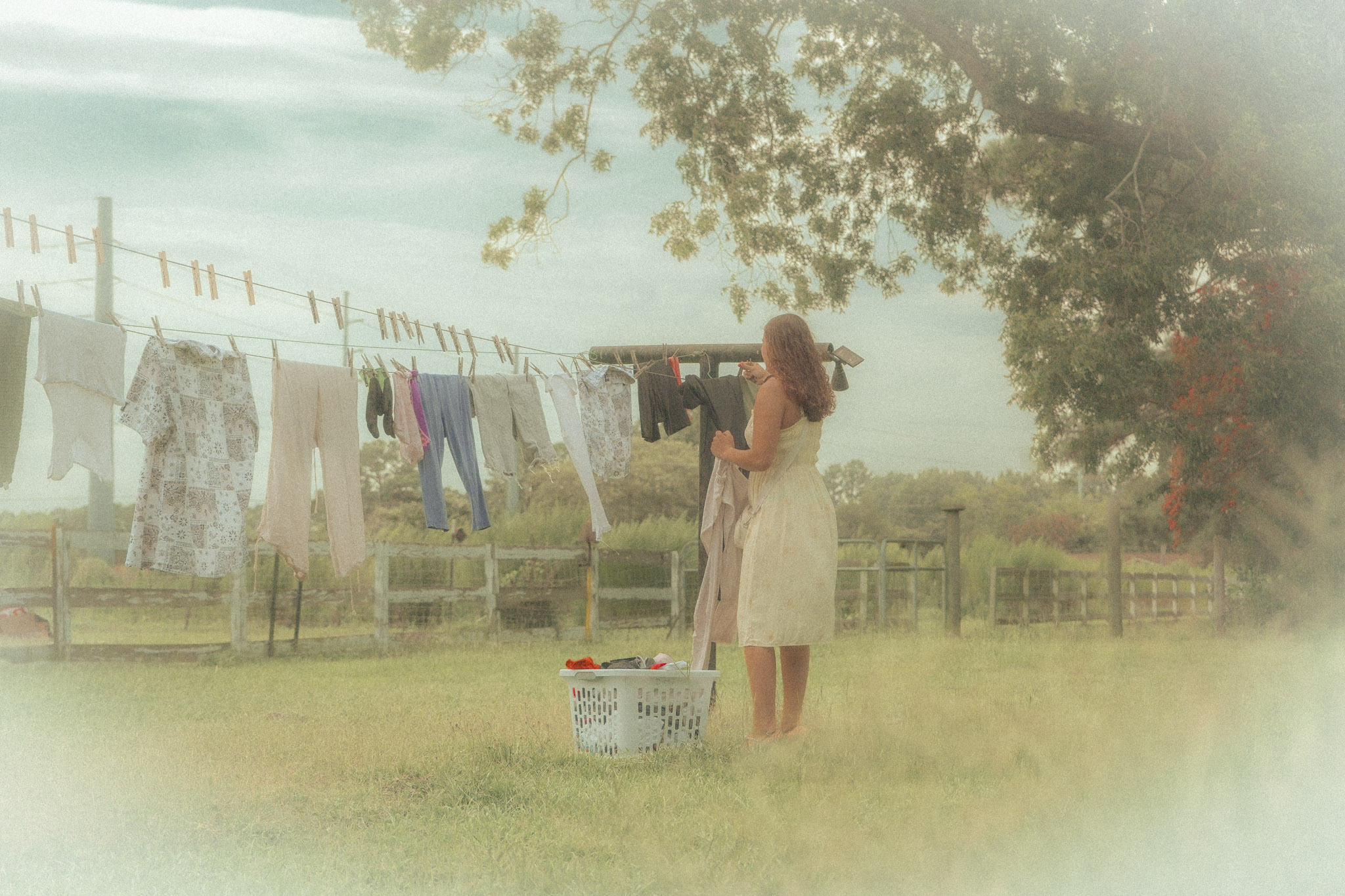 Clothes hanging on an outdoor clothesline.