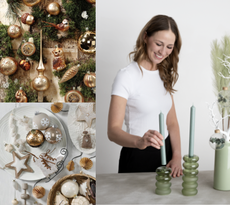 Collage aus Weihnachtsdekoration und einer Frau beim Arrangieren grüner Kerzenhalter.