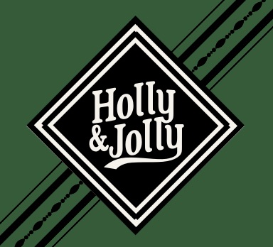 Holly & Jolly Logo auf grünem Hintergrund.