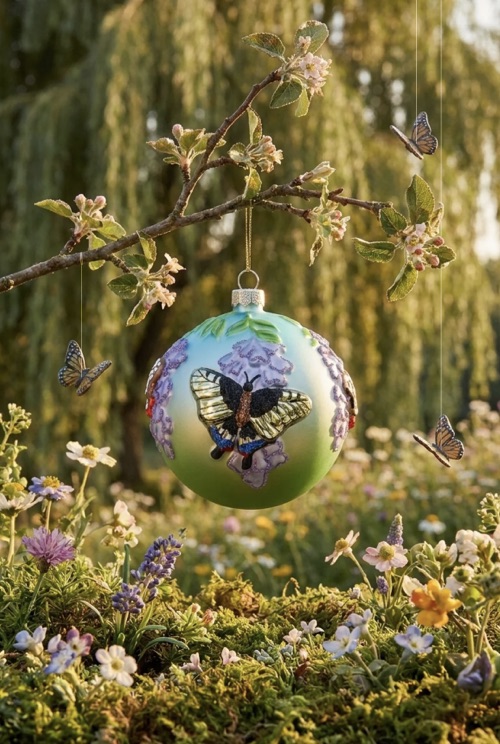 Weihnachtskugel mit Schmetterlingsmotiv an einem Zweig über einer Blumenwiese.