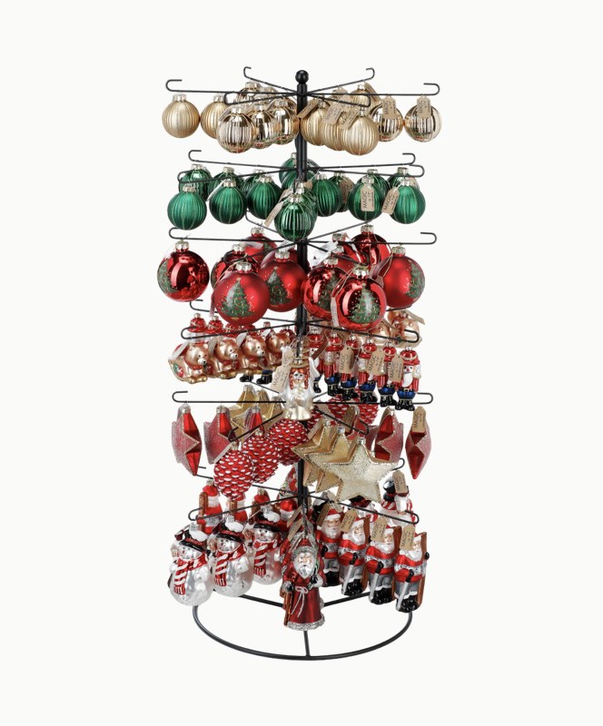 Drehständer mit Weihnachtskugeln und figürlichem Christbaumschmuck.