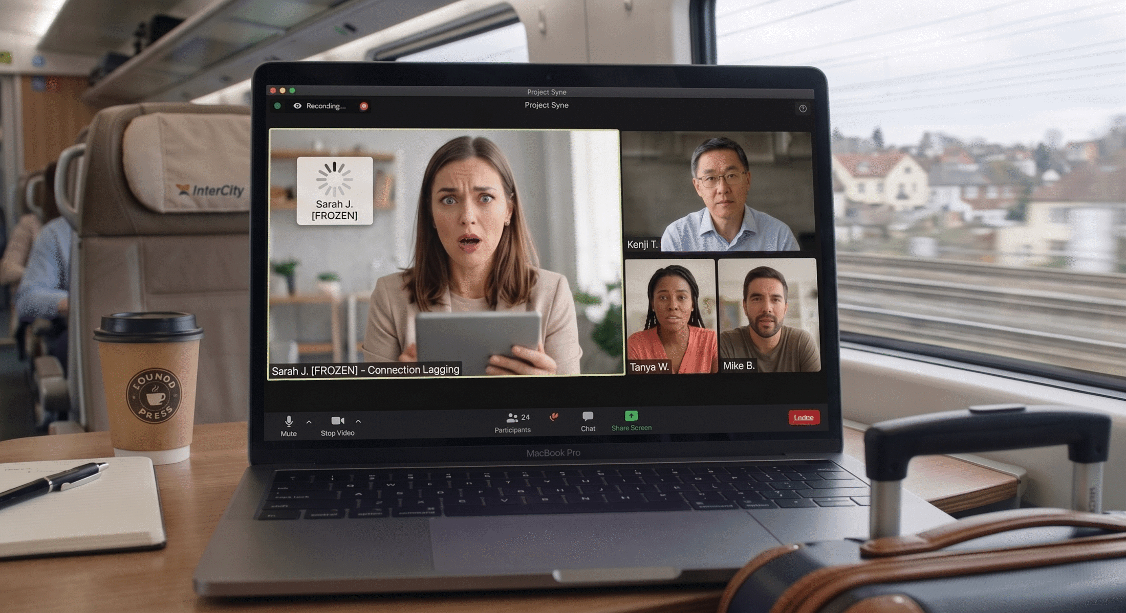 A professional frozen mid-sentence on a video call from a train, labeled Connection Lagging