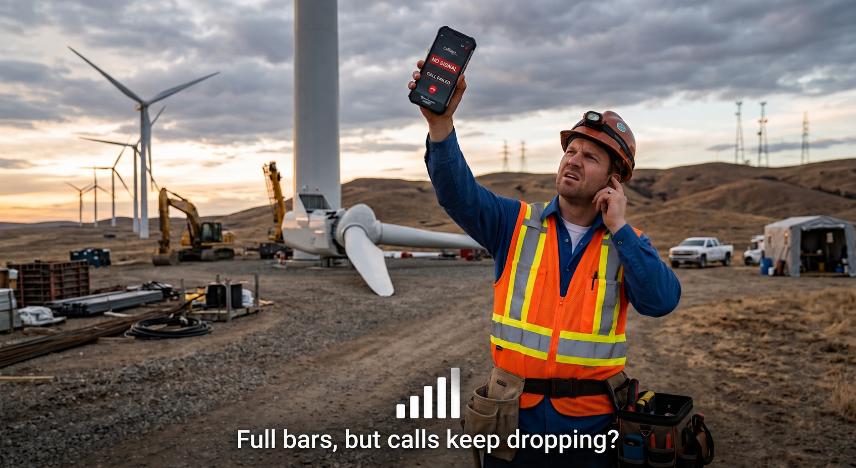 Field technician at a wind-farm job site holding up a phone showing no signal, captioned Full bars, but calls keep dropping?