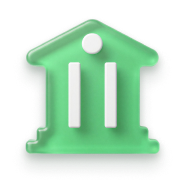 Green icon of a bank building with three white vertical pillars and a round detail on top.