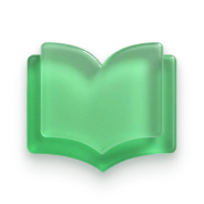 Green translucent icon of an open book with soft shadows on a transparent background.
