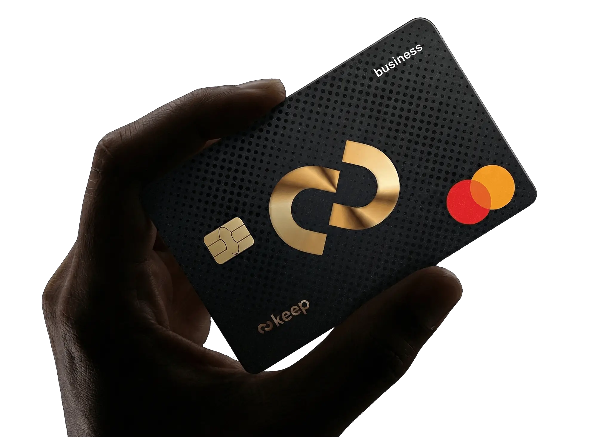 Hand holding a black Keep business Mastercard credit card with gold and red details.