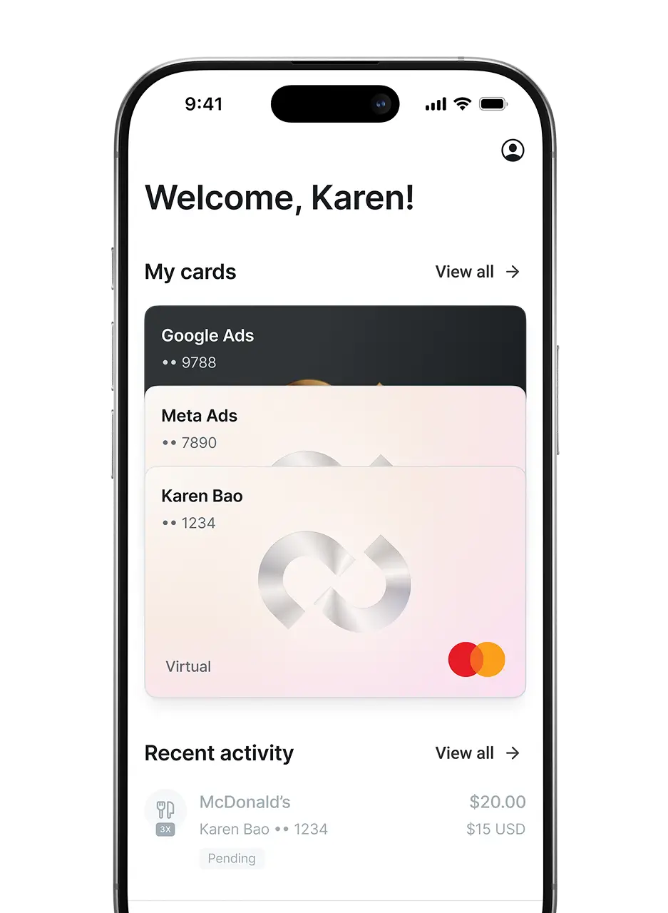 Mobile app screen showing welcome message, cards for Google Ads, Meta Ads, Karen Bao, and recent McDonald's activity.