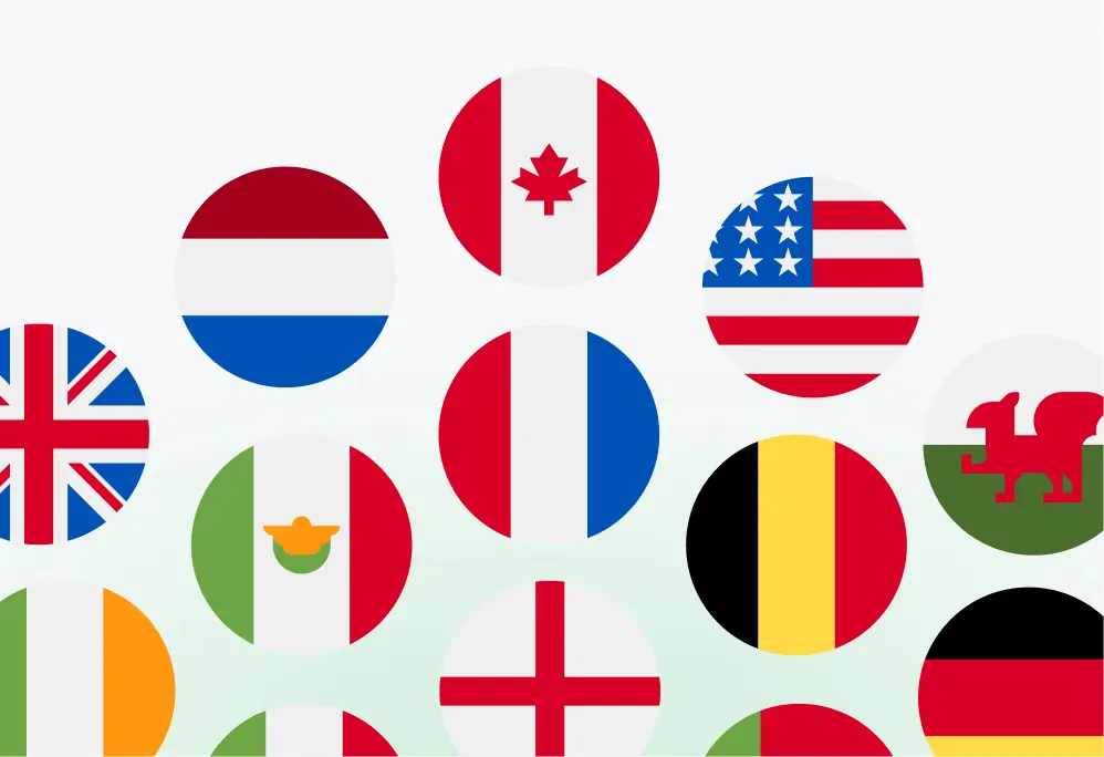 Circular icons showing various country flags including Canada, USA, UK, France, Belgium, and Wales.