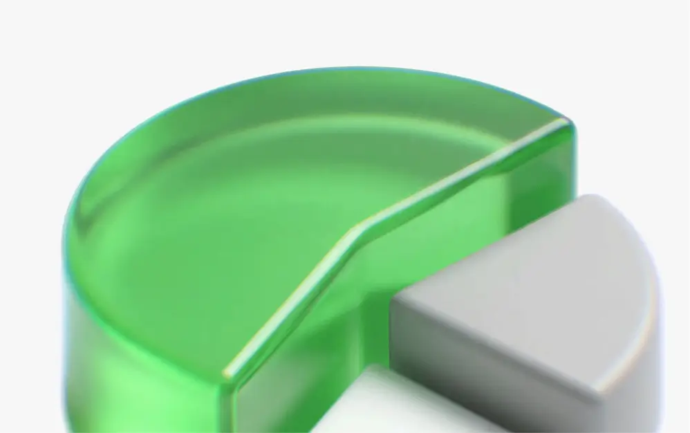 Close-up of a 3D pie chart segment in translucent green and solid white sections.