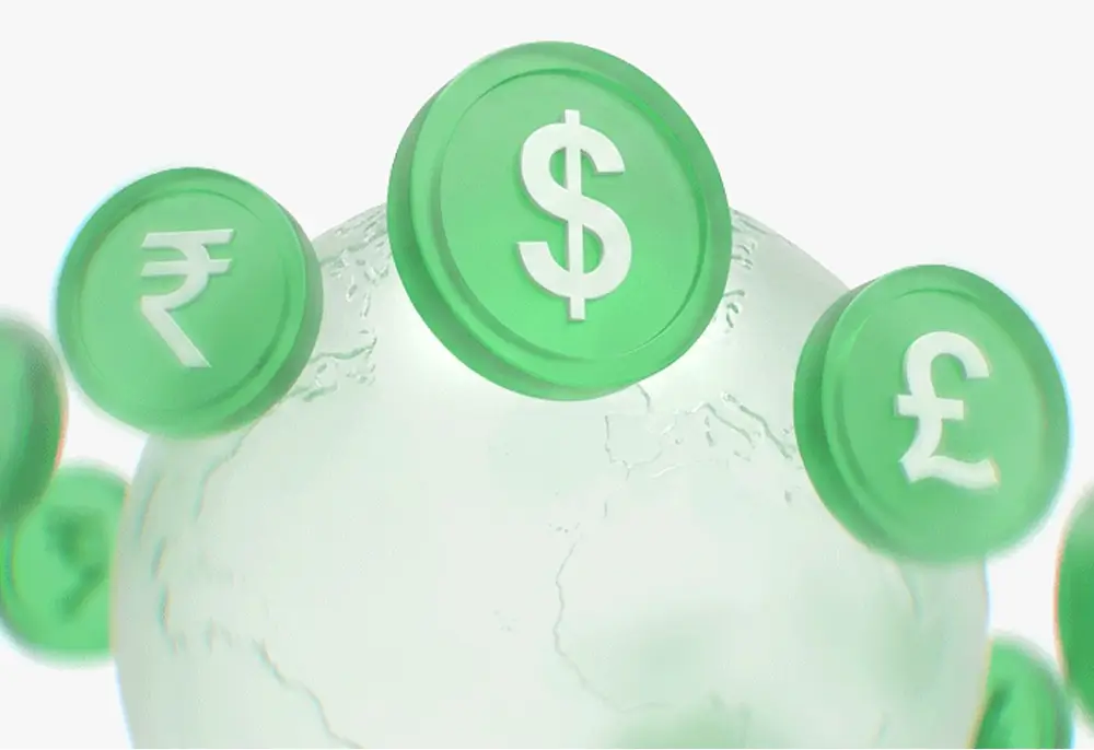 Green currency symbols dollar, rupee, and pound floating around a translucent globe.