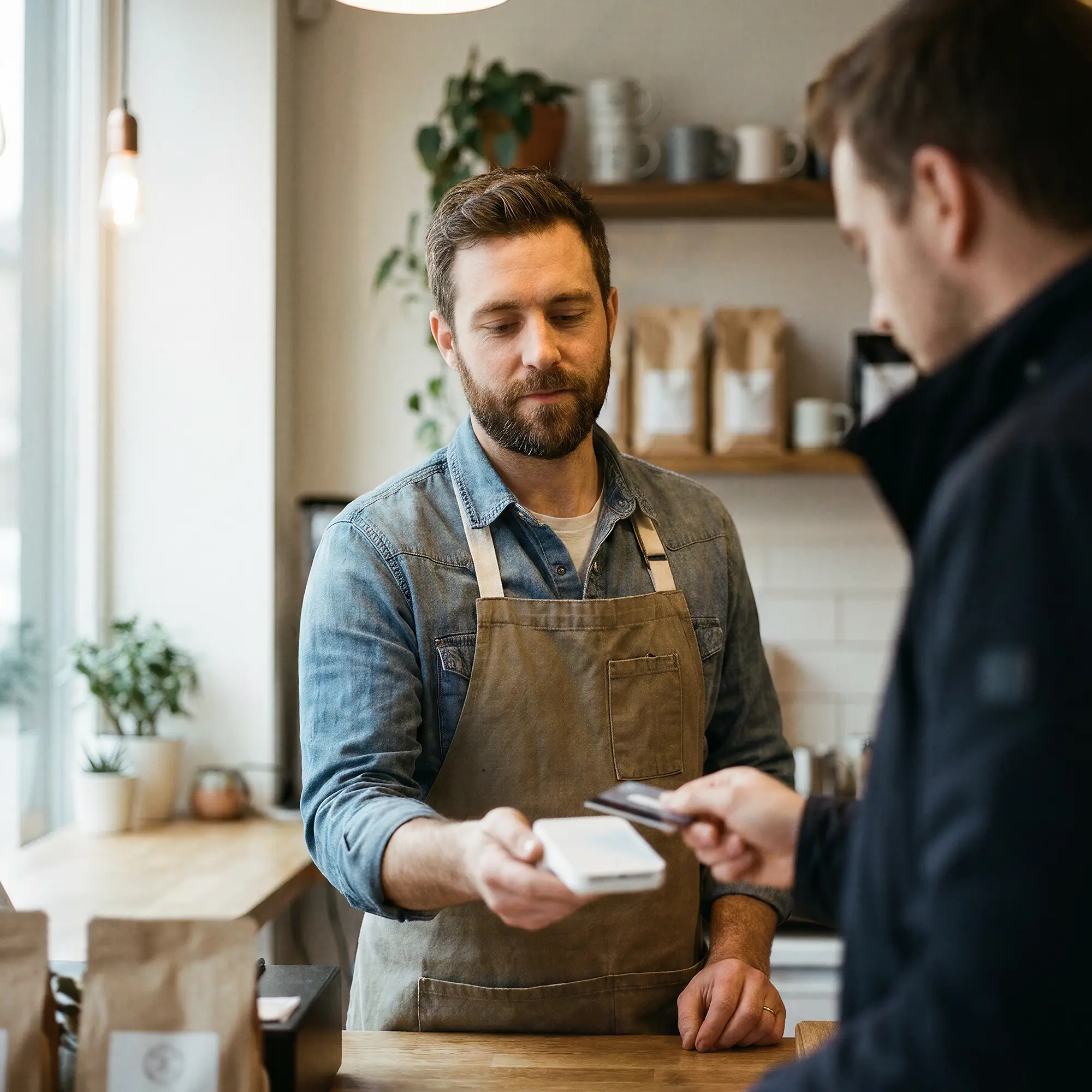 Barista in apron holding payment terminal as customer pays with credit card in café.