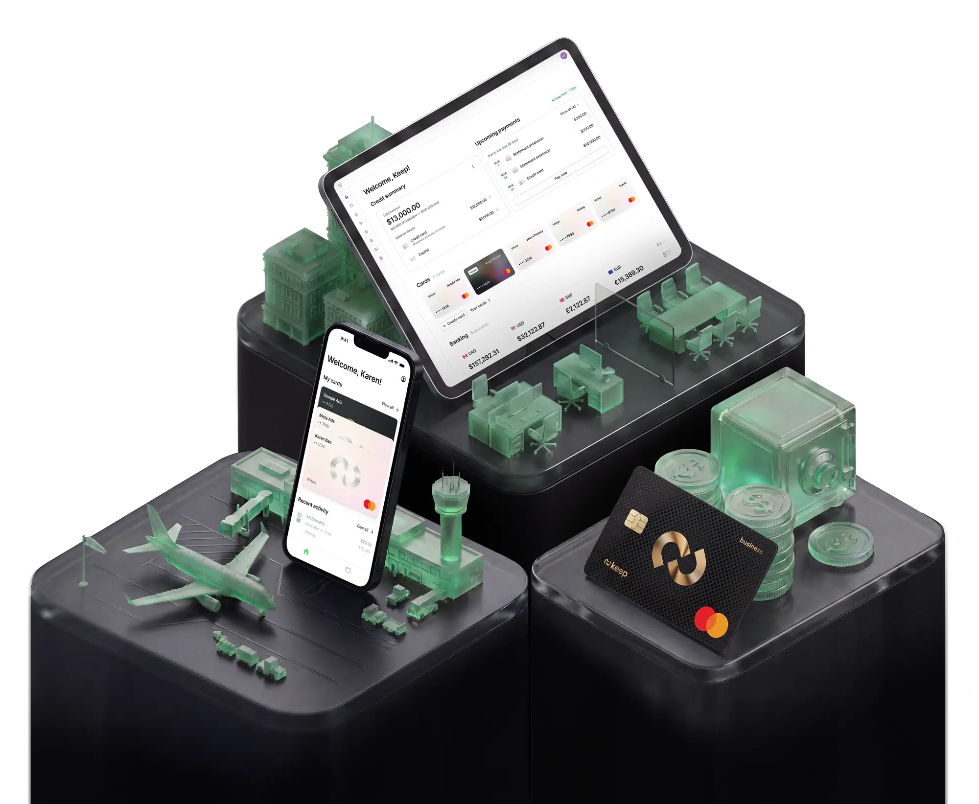 Tablet and smartphone showing a finance app, with a credit card and miniature airport and office models.