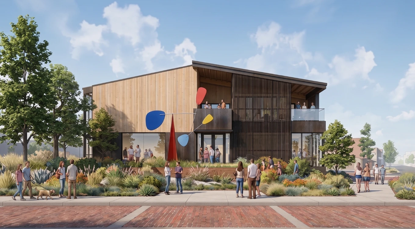 Architectural rendering of the future Meyer Art Center in Stanwood, a two-story wood and metal building with a mobile sculpture at the entrance and people gathered in the landscaped plaza out front
