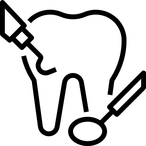 Line art icon of a tooth with dental tools: a brush on the left and a dental mirror on the right side of the tooth.