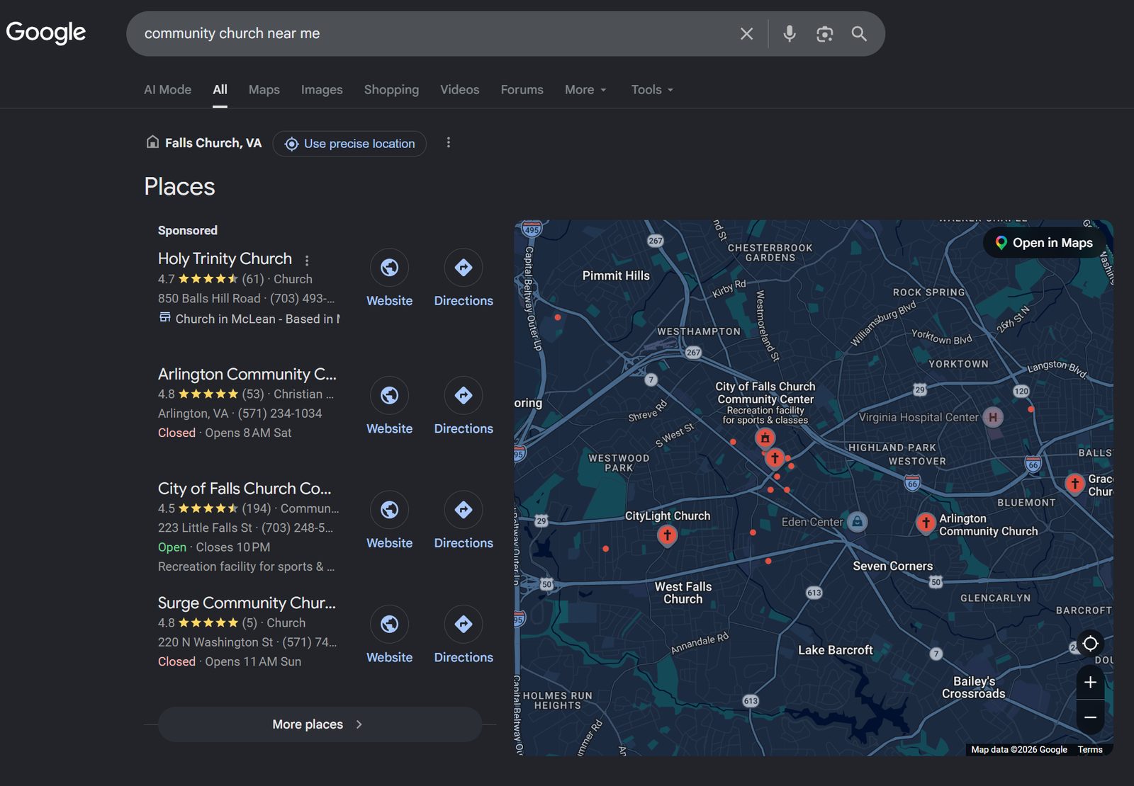 Google search results for 'community church near me' showing the local map pack with church listings above the organic results