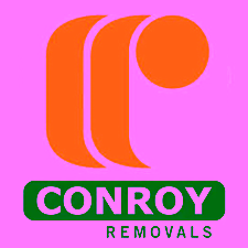 Logo of Conroy Removals featuring two stylized orange shapes forming a rounded letter C and a solid orange circle above, with the company name 'CONROY REMOVALS' in bold white letters on a dark blue background beneath.