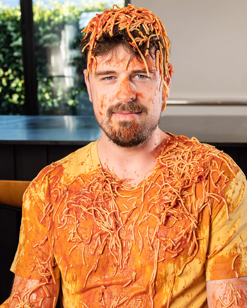 Oscar covered in spaghetti sauce