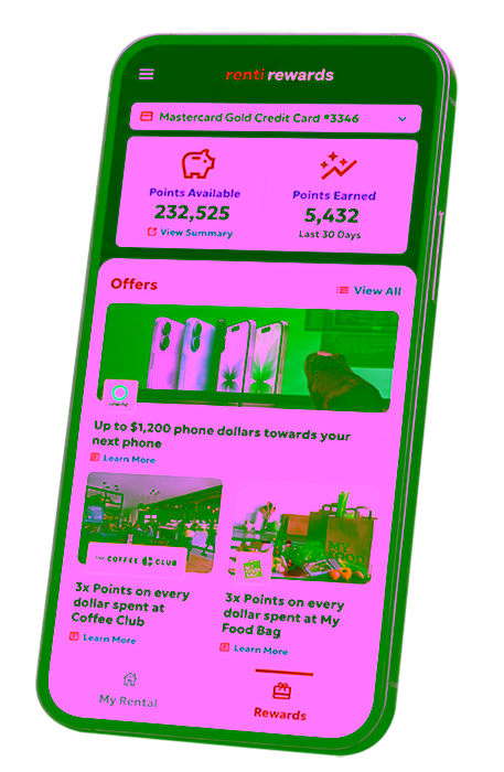 Renti Rewards app showing points balance and partner offers