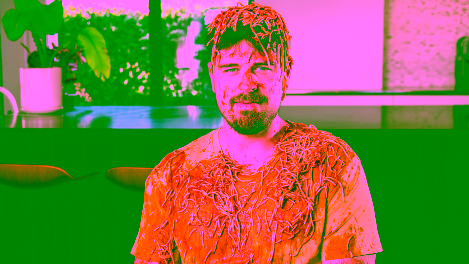 Oscar covered in spaghetti sauce
