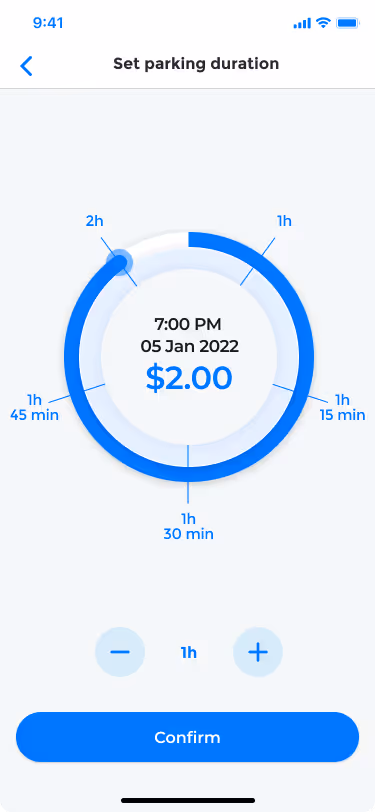 Park Detroit app screen for setting parking duration