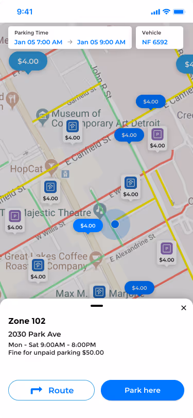 Park Detroit app showing real-time on-street parking occupancy