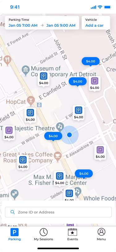 Park Detroit app map of on-street parking with live rates
