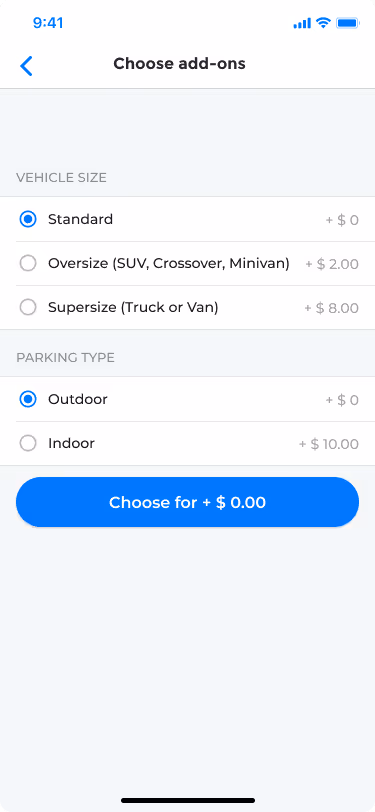 Park Detroit app parking session add-ons screen