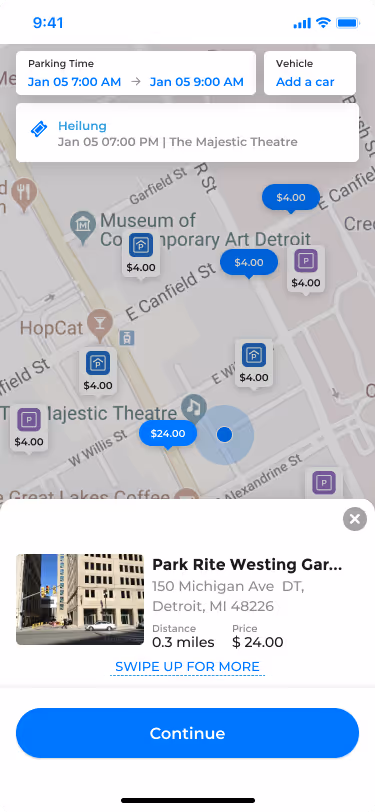 Park Detroit app off-street parking options screen