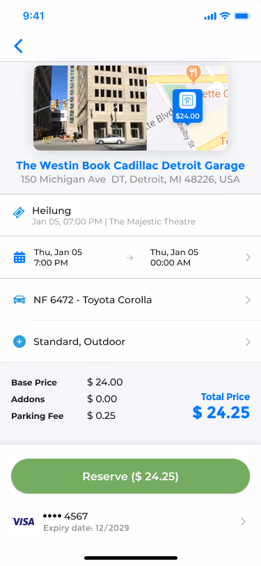 Park Detroit app summary screen for an event and off-street parking booking