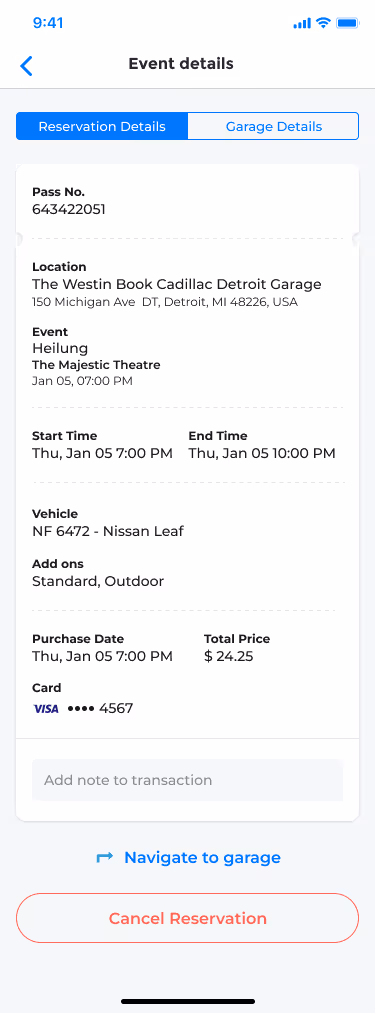 Park Detroit app event booking details for an upcoming session