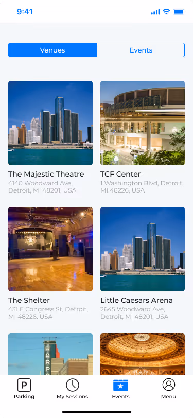 Park Detroit app listing of upcoming downtown events
