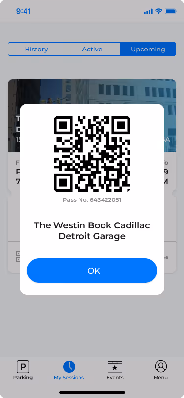 Park Detroit app QR code pass for off-street parking entry
