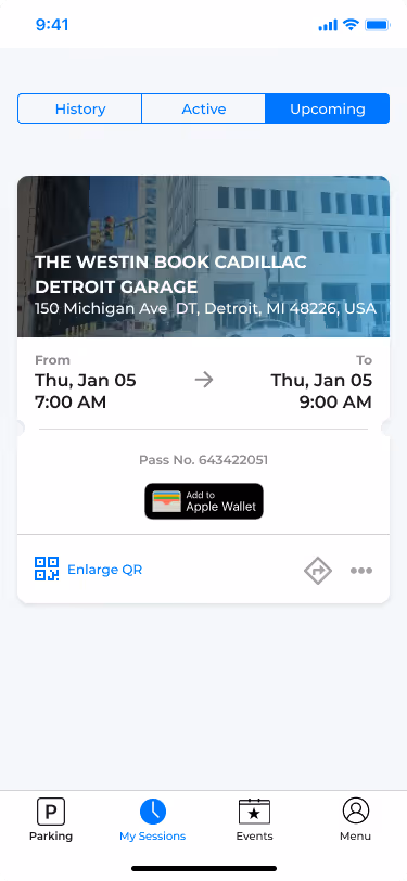 Park Detroit app upcoming ticket and parking reservation