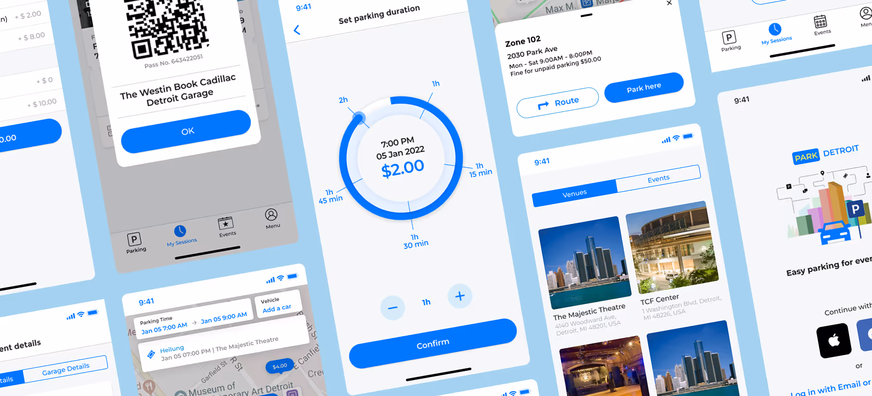 Park Detroit app displayed across multiple device screens