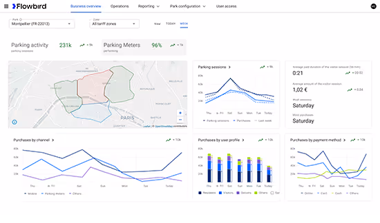 Flowbird Hub business overview showing parking activity, meter performance and revenue across city zones