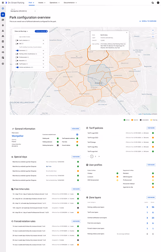 Park configuration view for defining zones and parking rules