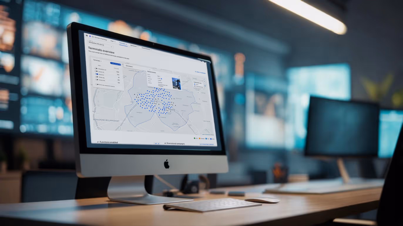 Flowbird Hub dashboard on a desktop screen in an operations office