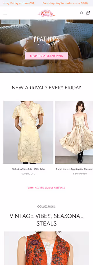 Feathers homepage with fresh arrivals and curated collections