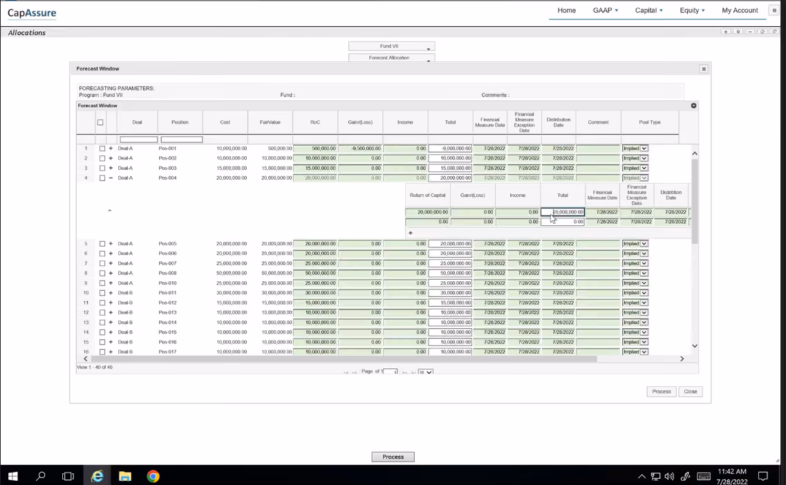 The legacy allocations forecast: a modal of green editable cells layered over the page, different again