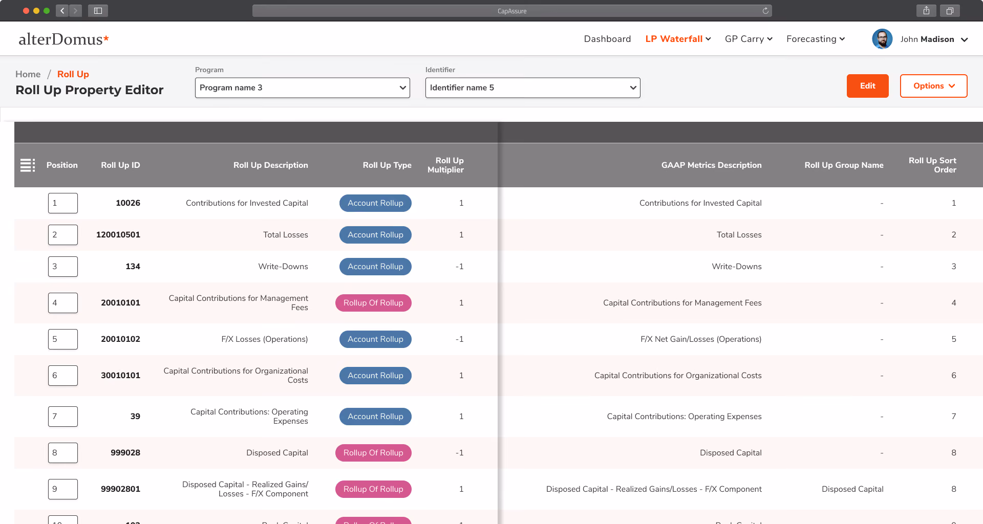 The redesigned Roll Up Property Editor, listing roll-up IDs, descriptions and types as labeled pills in a sortable table