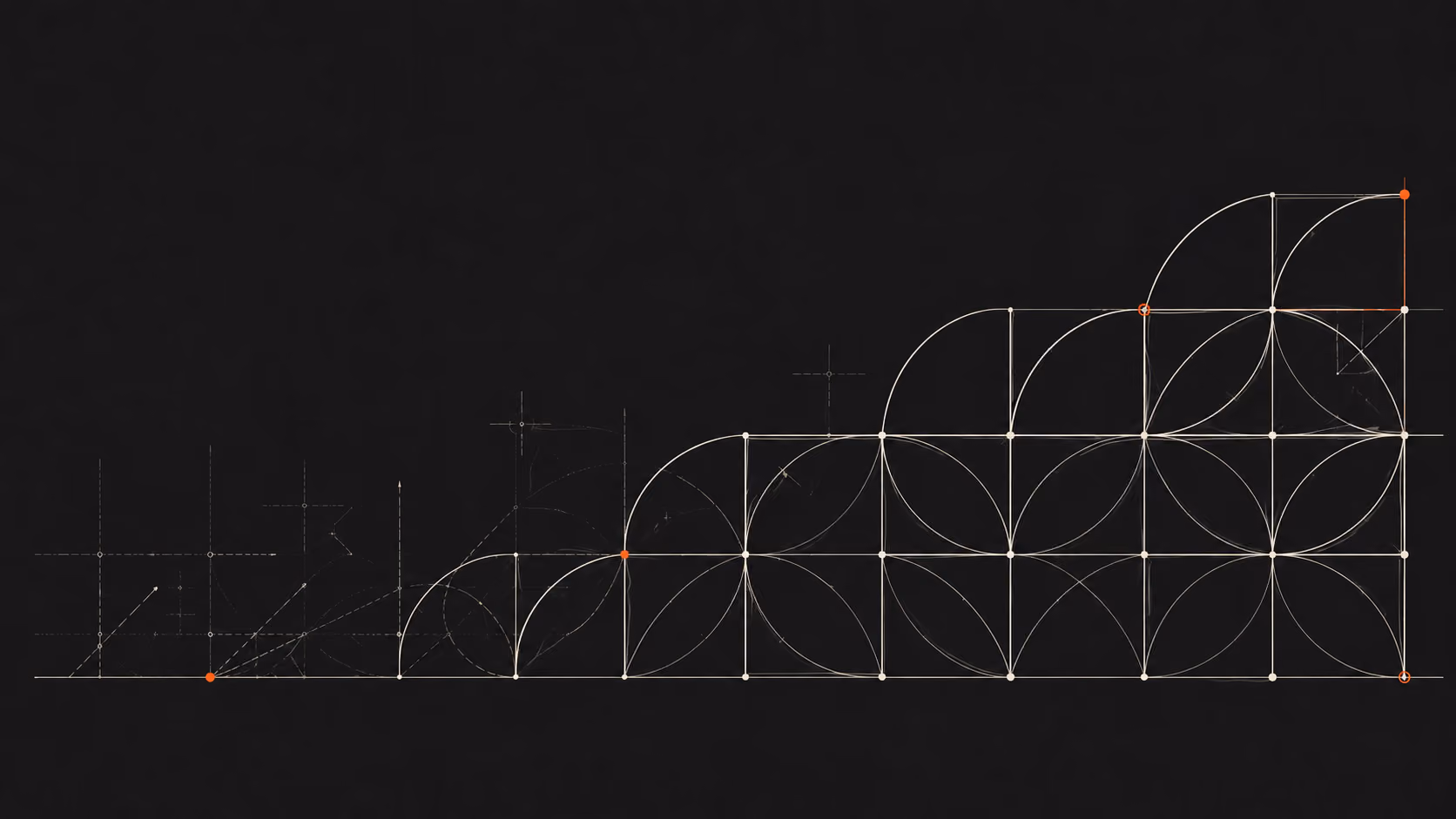 Construction geometry with visible guide marks on the left resolving into a confident self-supporting modular structure on the right