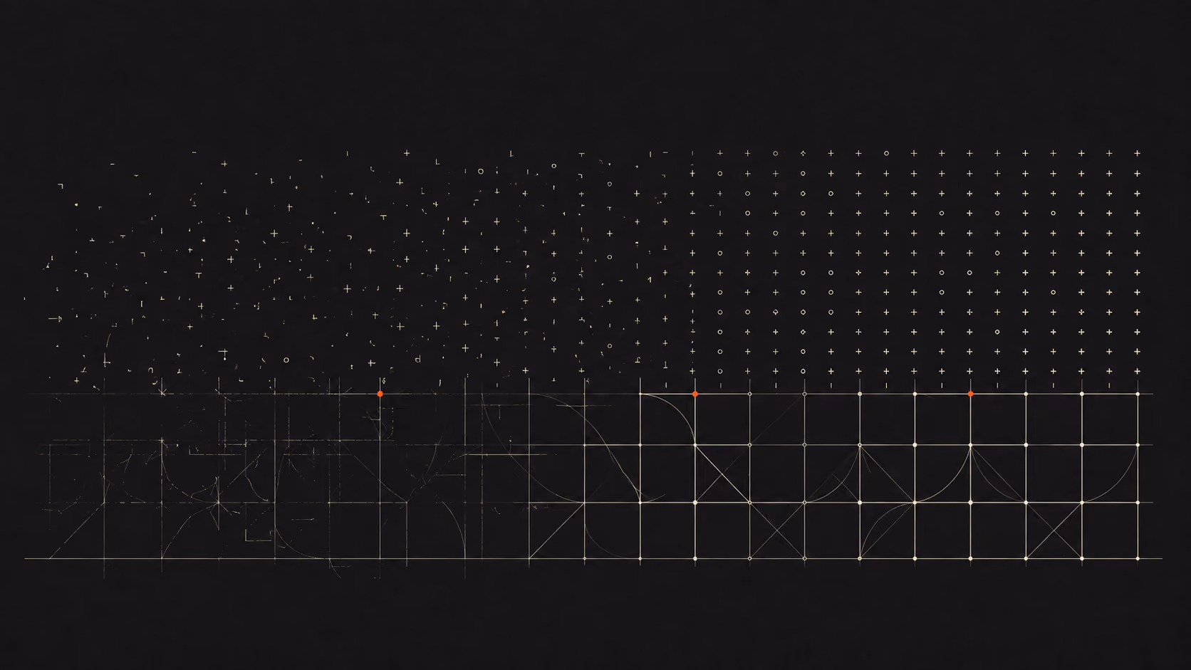 A field of marks above an architectural grid: on the left the grid is fragmentary and the marks scatter, on the right the grid resolves into regular structure and the same marks fall into ordered alignment